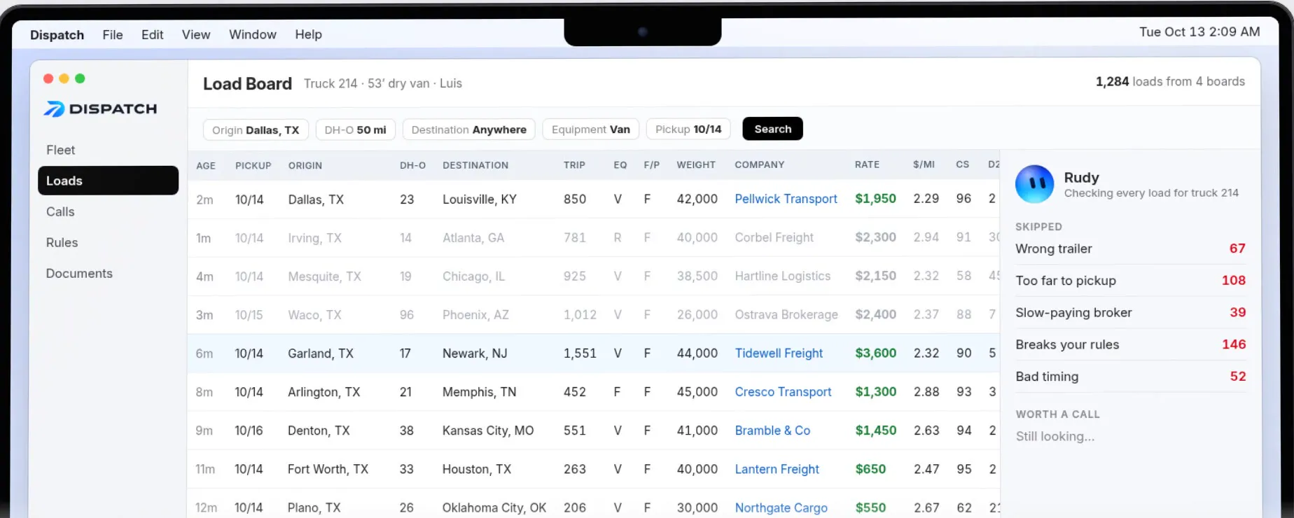 Rudy’s load board in the Dispatch app: Dallas to Louisville picked from the postings, the rest skipped with a reason